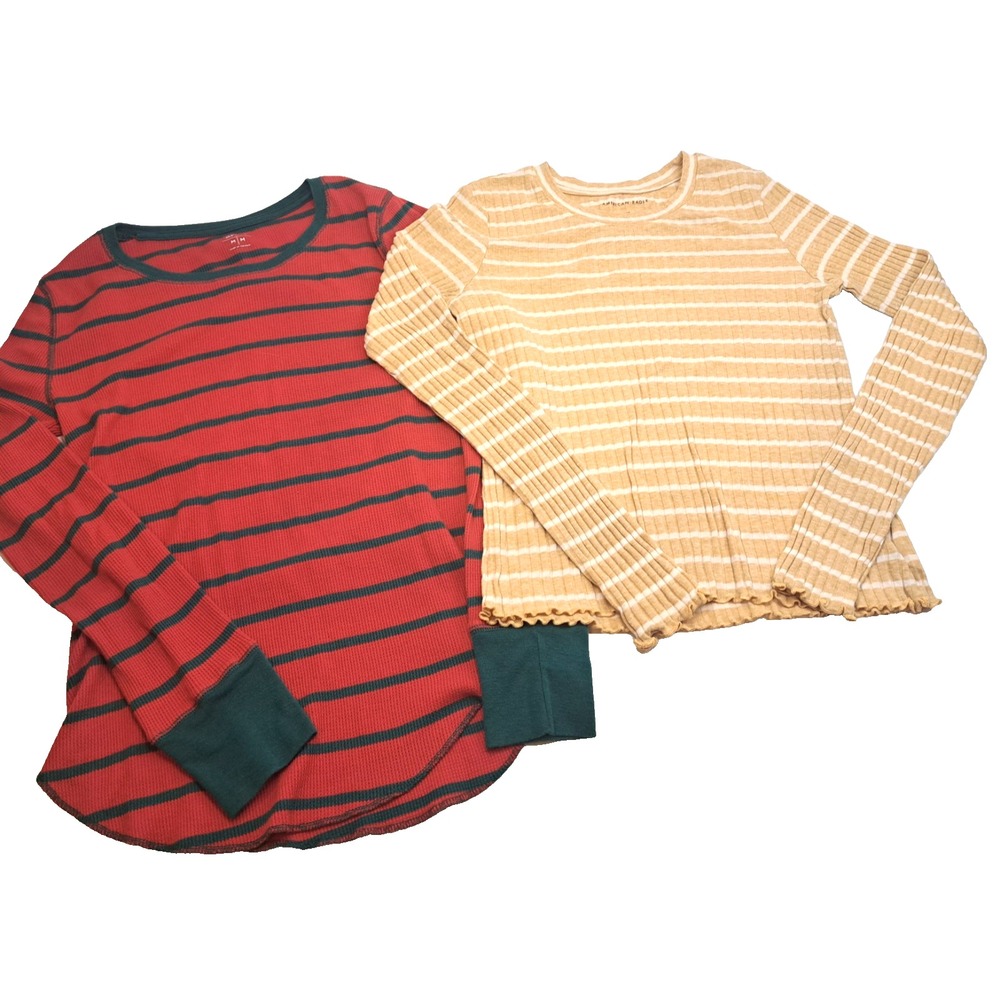 Old Navy American Eagle Knit Thermal Shirts Womens M Multicolor Good Striped 2pk